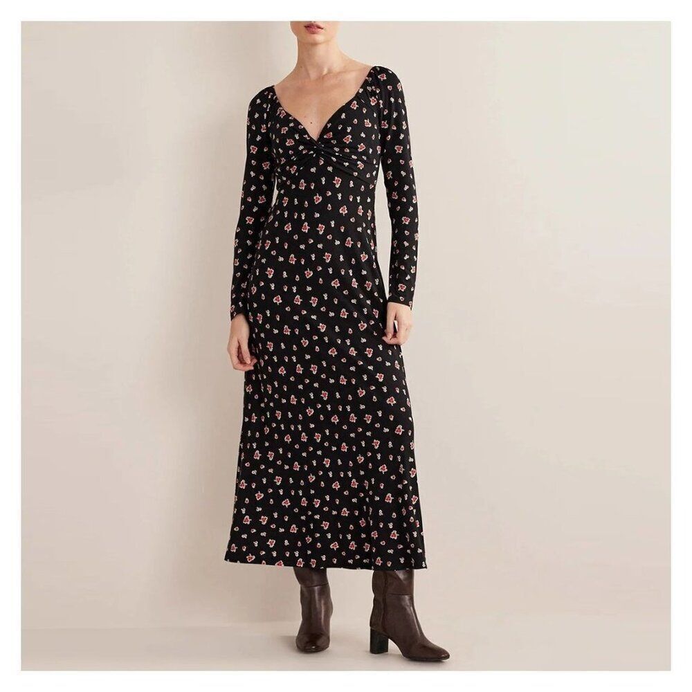 Boden Womens Midi Dress UK 10P US 6P Black Sweetheart-Neck Long Sleeve D0453 NWT